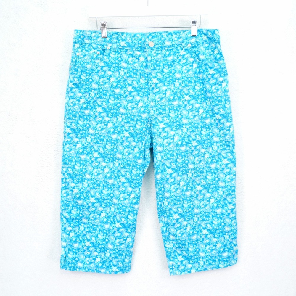 Jones New York & Co Teal Floral Denim Capri Jeans -14 35 / 18- High Rise Cotton